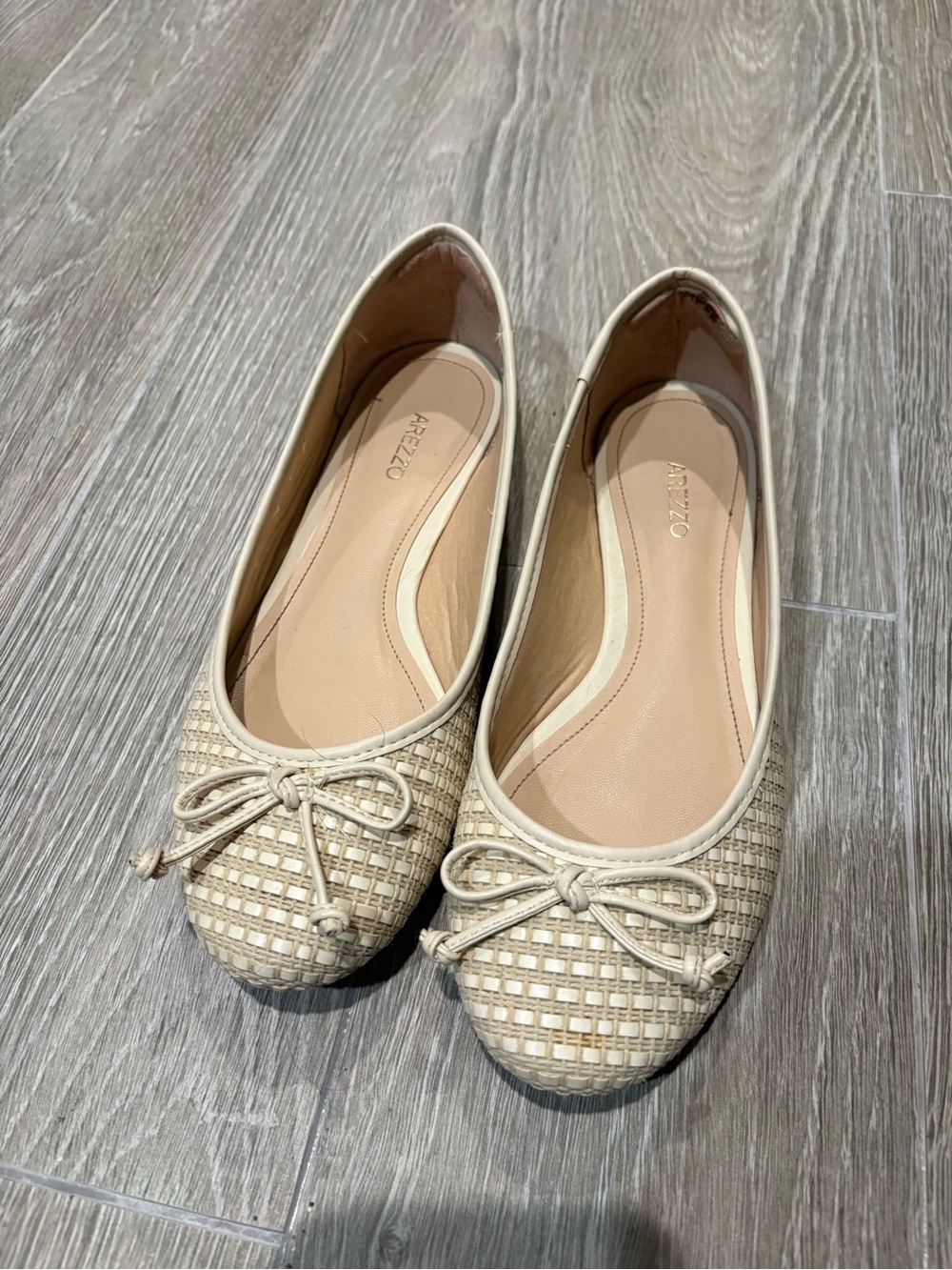 Arezzo Woven Cream Ballet Flats with Bow Accent